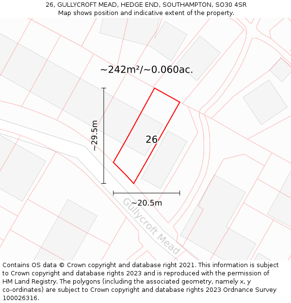 26, GULLYCROFT MEAD, HEDGE END, SOUTHAMPTON, SO30 4SR: Plot and title map