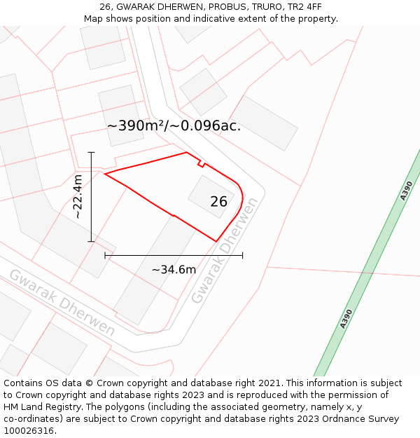 26, GWARAK DHERWEN, PROBUS, TRURO, TR2 4FF: Plot and title map