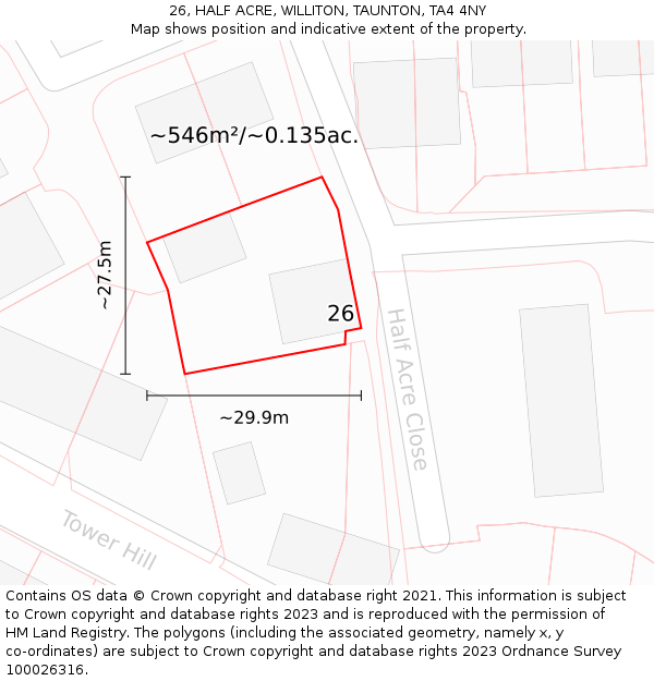 26, HALF ACRE, WILLITON, TAUNTON, TA4 4NY: Plot and title map