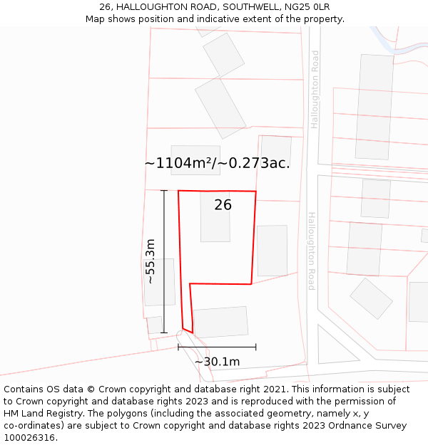 26, HALLOUGHTON ROAD, SOUTHWELL, NG25 0LR: Plot and title map