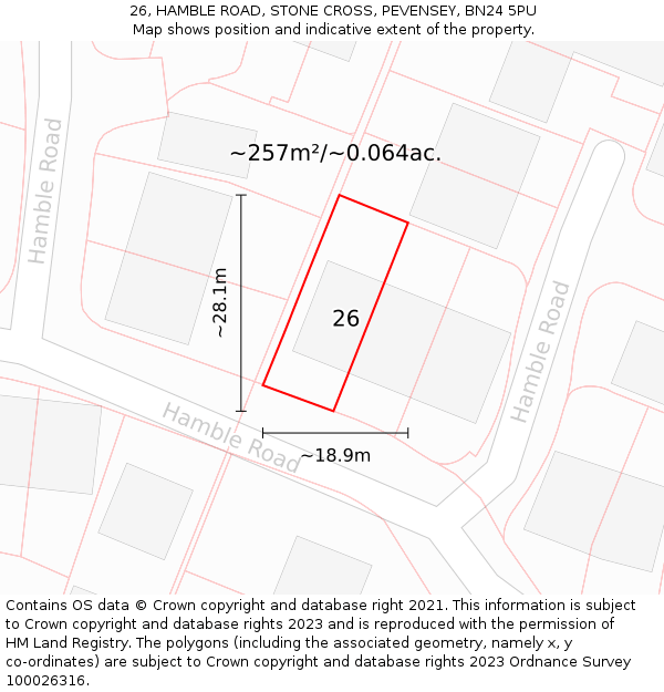 26, HAMBLE ROAD, STONE CROSS, PEVENSEY, BN24 5PU: Plot and title map