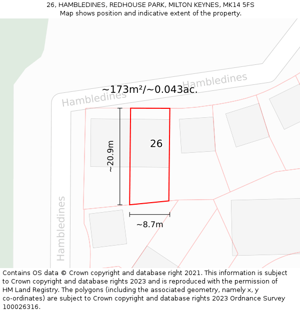 26, HAMBLEDINES, REDHOUSE PARK, MILTON KEYNES, MK14 5FS: Plot and title map