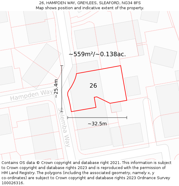 26, HAMPDEN WAY, GREYLEES, SLEAFORD, NG34 8FS: Plot and title map