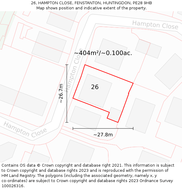 26, HAMPTON CLOSE, FENSTANTON, HUNTINGDON, PE28 9HB: Plot and title map