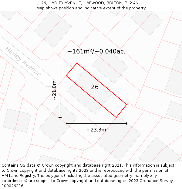 26, HARLEY AVENUE, HARWOOD, BOLTON, BL2 4NU: Plot and title map