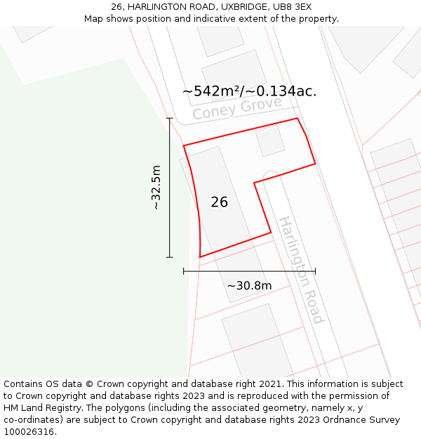 26, HARLINGTON ROAD, UXBRIDGE, UB8 3EX: Plot and title map