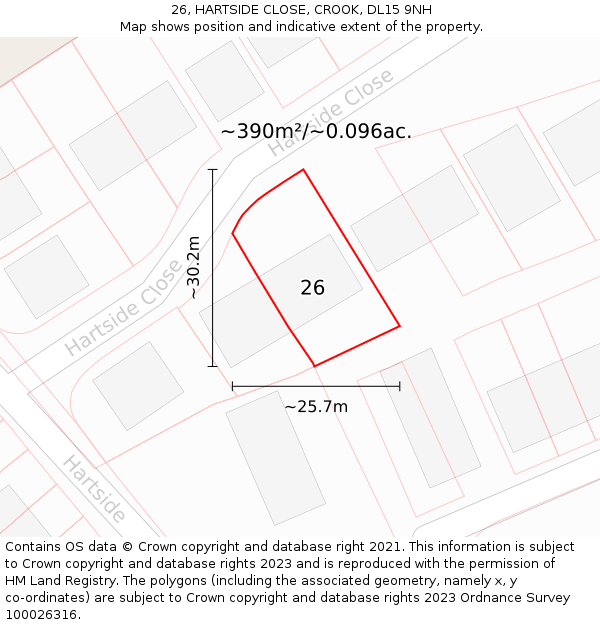 26, HARTSIDE CLOSE, CROOK, DL15 9NH: Plot and title map