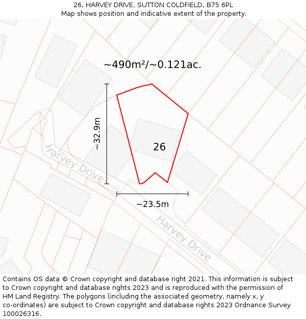 26, HARVEY DRIVE, SUTTON COLDFIELD, B75 6PL: Plot and title map