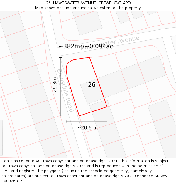 26, HAWESWATER AVENUE, CREWE, CW1 4PD: Plot and title map