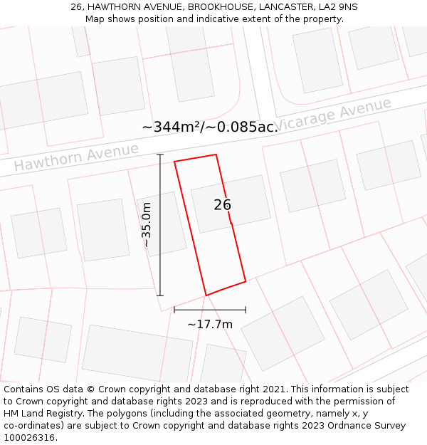 26, HAWTHORN AVENUE, BROOKHOUSE, LANCASTER, LA2 9NS: Plot and title map