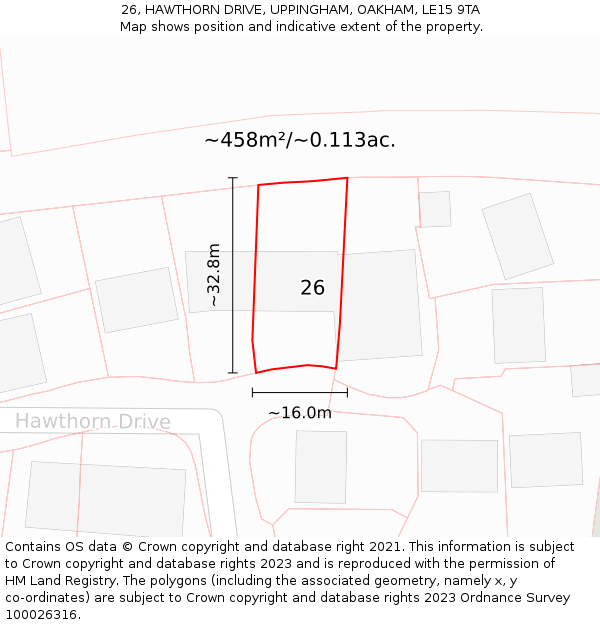 26, HAWTHORN DRIVE, UPPINGHAM, OAKHAM, LE15 9TA: Plot and title map
