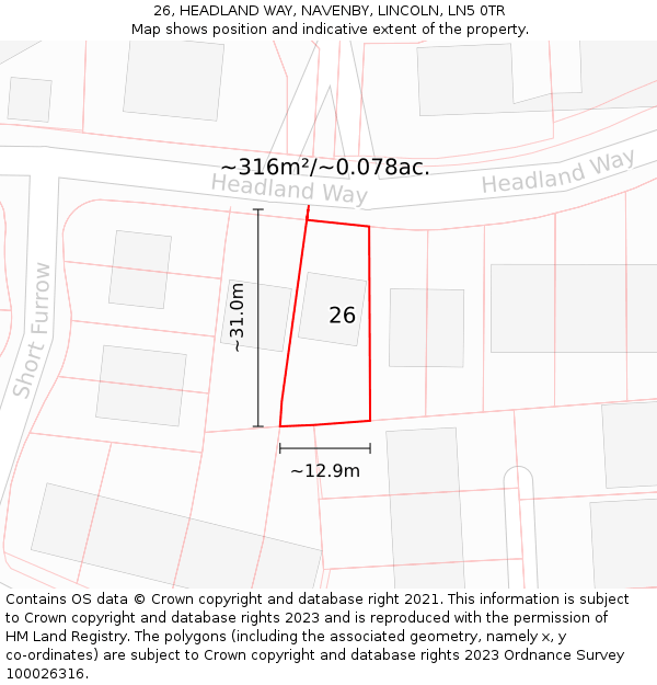 26, HEADLAND WAY, NAVENBY, LINCOLN, LN5 0TR: Plot and title map