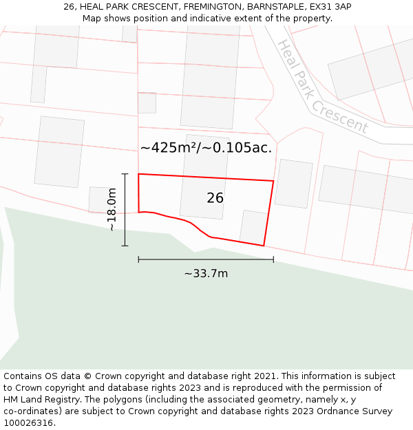 26, HEAL PARK CRESCENT, FREMINGTON, BARNSTAPLE, EX31 3AP: Plot and title map