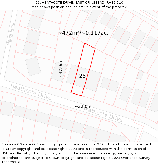 26, HEATHCOTE DRIVE, EAST GRINSTEAD, RH19 1LX: Plot and title map