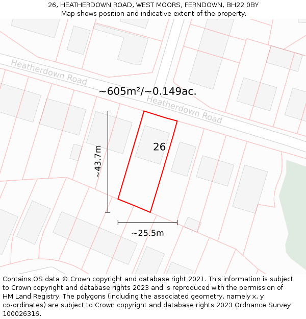 26, HEATHERDOWN ROAD, WEST MOORS, FERNDOWN, BH22 0BY: Plot and title map