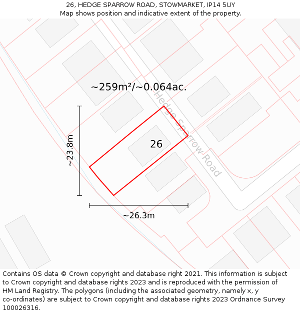26, HEDGE SPARROW ROAD, STOWMARKET, IP14 5UY: Plot and title map