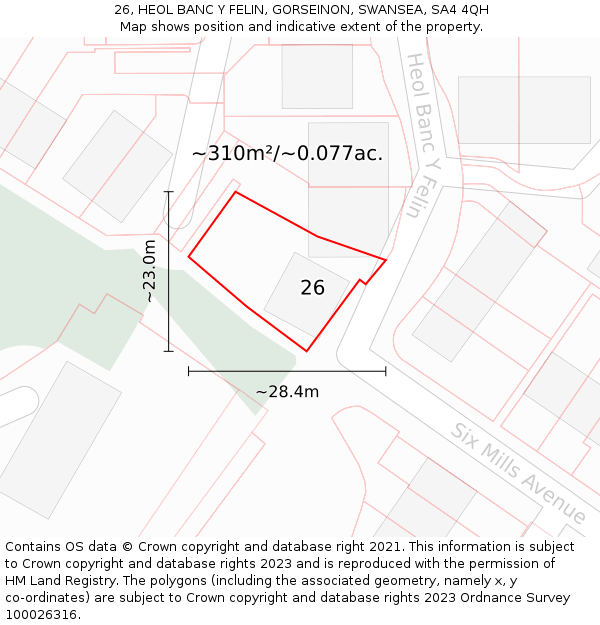 26, HEOL BANC Y FELIN, GORSEINON, SWANSEA, SA4 4QH: Plot and title map