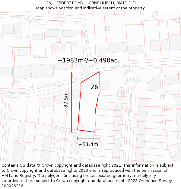 26, HERBERT ROAD, HORNCHURCH, RM11 3LD: Plot and title map