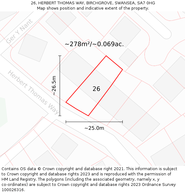 26, HERBERT THOMAS WAY, BIRCHGROVE, SWANSEA, SA7 0HG: Plot and title map