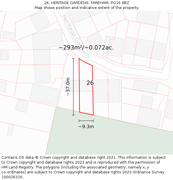 26, HERITAGE GARDENS, FAREHAM, PO16 9BZ: Plot and title map