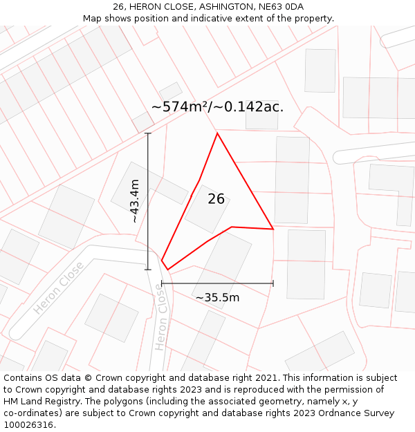 26, HERON CLOSE, ASHINGTON, NE63 0DA: Plot and title map