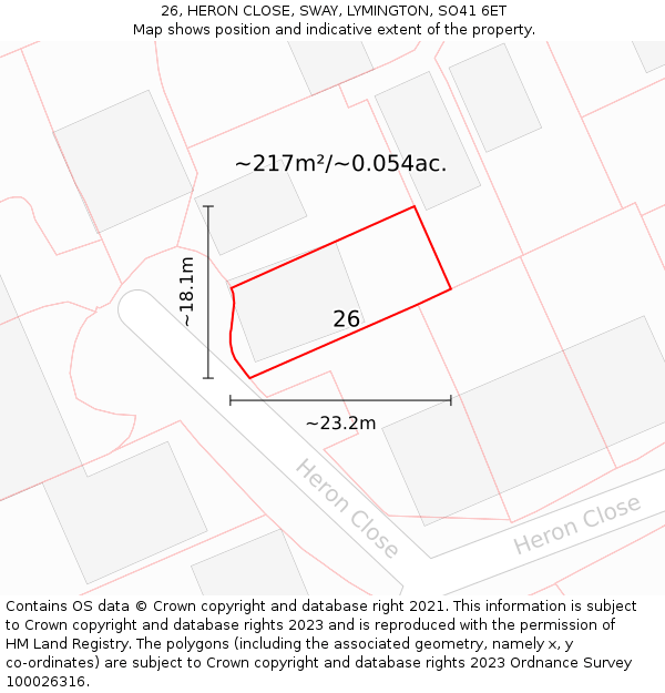 26, HERON CLOSE, SWAY, LYMINGTON, SO41 6ET: Plot and title map