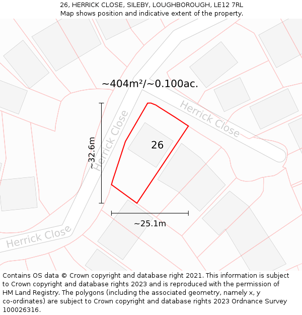 26, HERRICK CLOSE, SILEBY, LOUGHBOROUGH, LE12 7RL: Plot and title map