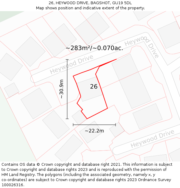 26, HEYWOOD DRIVE, BAGSHOT, GU19 5DL: Plot and title map