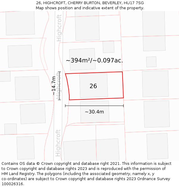 26, HIGHCROFT, CHERRY BURTON, BEVERLEY, HU17 7SG: Plot and title map