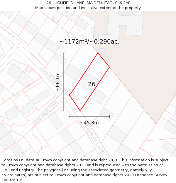 26, HIGHFIELD LANE, MAIDENHEAD, SL6 3AP: Plot and title map