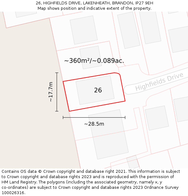 26, HIGHFIELDS DRIVE, LAKENHEATH, BRANDON, IP27 9EH: Plot and title map