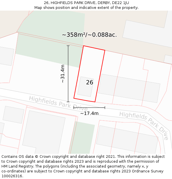 26, HIGHFIELDS PARK DRIVE, DERBY, DE22 1JU: Plot and title map