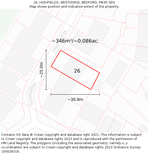 26, HIGHFIELDS, WESTONING, BEDFORD, MK45 5EN: Plot and title map