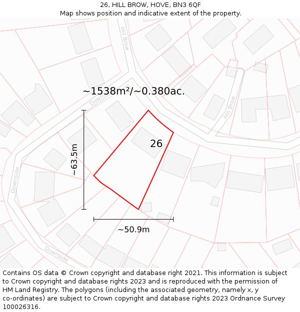 26, HILL BROW, HOVE, BN3 6QF: Plot and title map