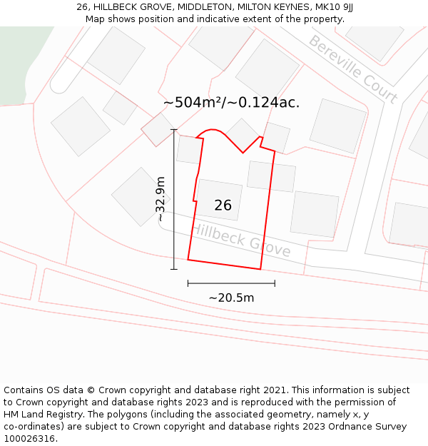 26, HILLBECK GROVE, MIDDLETON, MILTON KEYNES, MK10 9JJ: Plot and title map