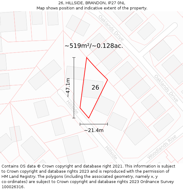 26, HILLSIDE, BRANDON, IP27 0NL: Plot and title map