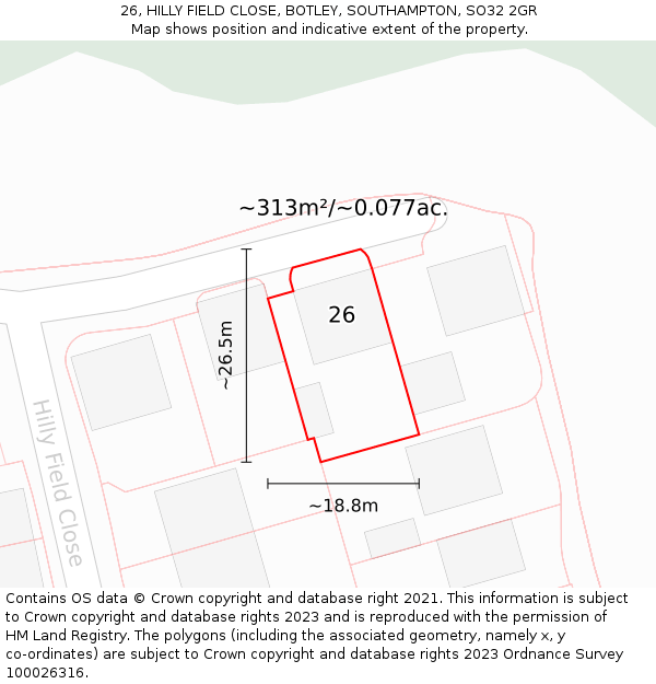 26, HILLY FIELD CLOSE, BOTLEY, SOUTHAMPTON, SO32 2GR: Plot and title map