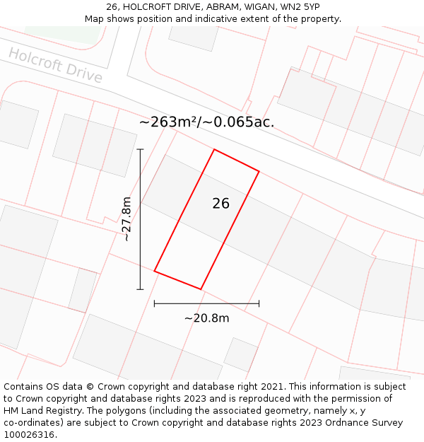 26, HOLCROFT DRIVE, ABRAM, WIGAN, WN2 5YP: Plot and title map