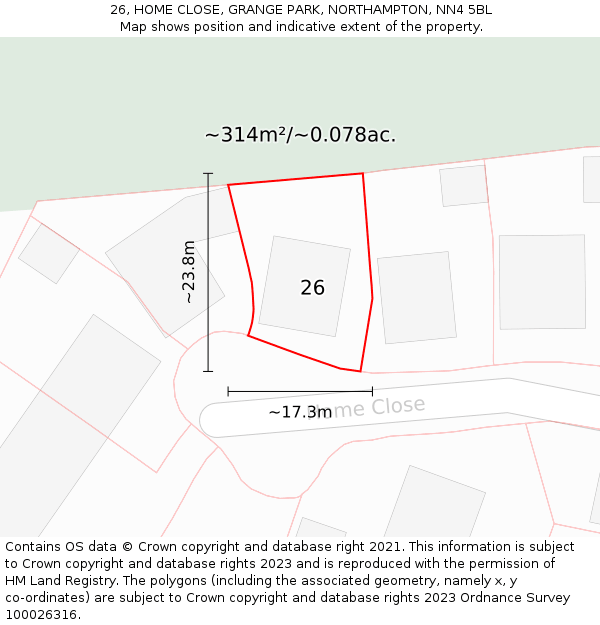 26, HOME CLOSE, GRANGE PARK, NORTHAMPTON, NN4 5BL: Plot and title map