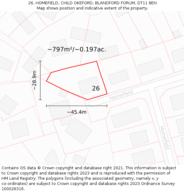 26, HOMEFIELD, CHILD OKEFORD, BLANDFORD FORUM, DT11 8EN: Plot and title map