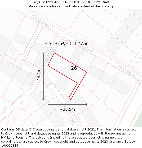 26, HONEYMEADE, SAWBRIDGEWORTH, CM21 0AR: Plot and title map