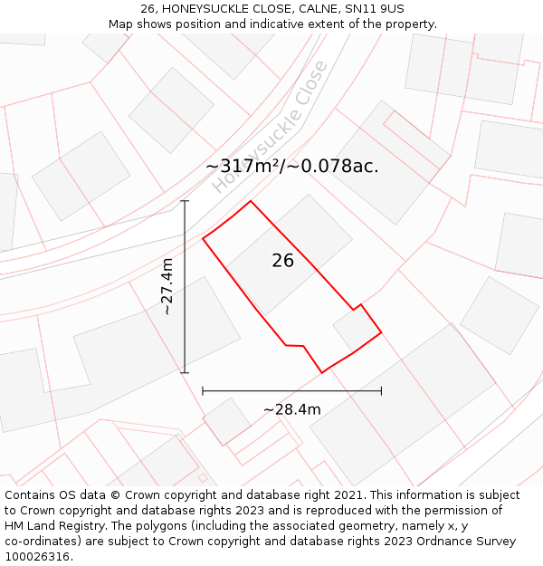 26, HONEYSUCKLE CLOSE, CALNE, SN11 9US: Plot and title map