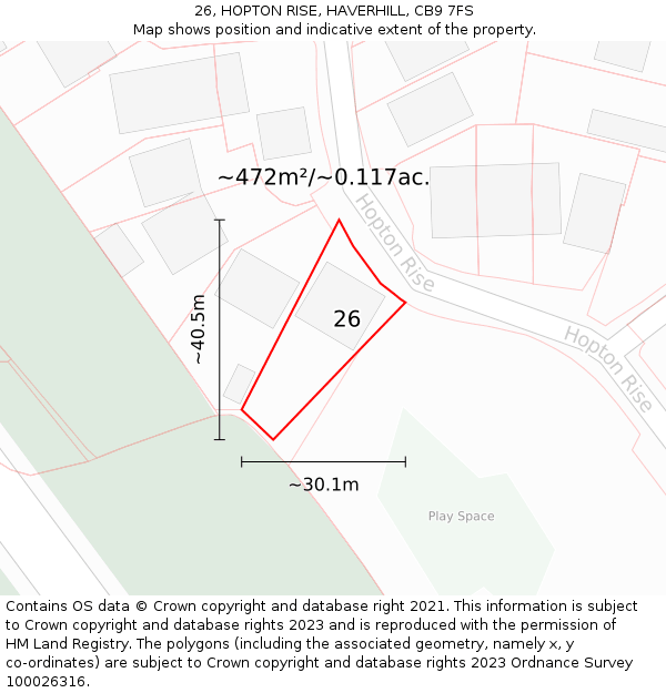 26, HOPTON RISE, HAVERHILL, CB9 7FS: Plot and title map