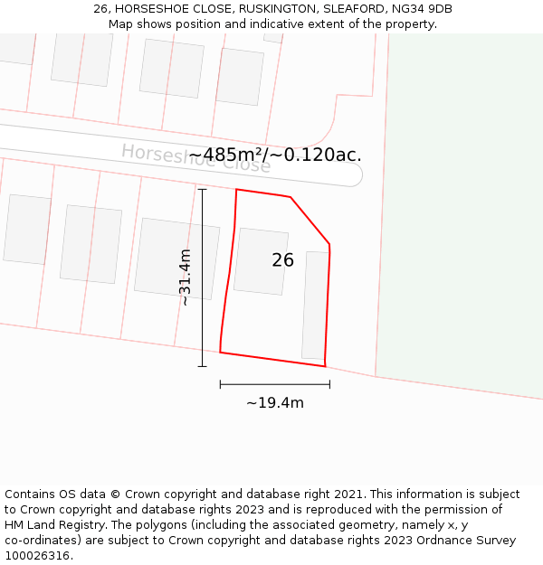 26, HORSESHOE CLOSE, RUSKINGTON, SLEAFORD, NG34 9DB: Plot and title map