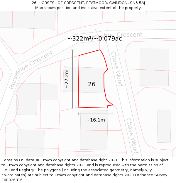 26, HORSESHOE CRESCENT, PEATMOOR, SWINDON, SN5 5AJ: Plot and title map