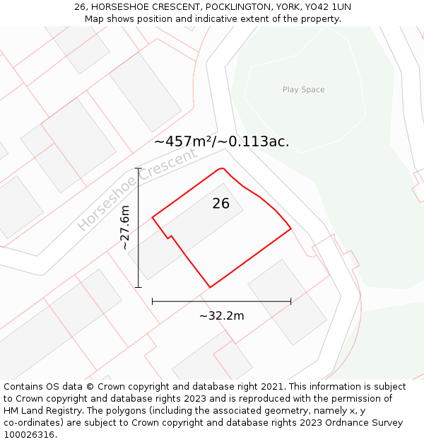 26, HORSESHOE CRESCENT, POCKLINGTON, YORK, YO42 1UN: Plot and title map