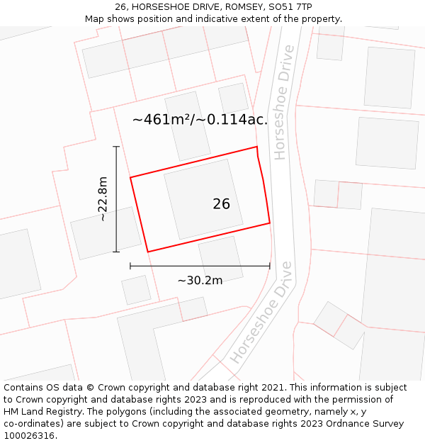 26, HORSESHOE DRIVE, ROMSEY, SO51 7TP: Plot and title map