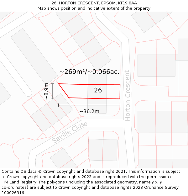 26, HORTON CRESCENT, EPSOM, KT19 8AA: Plot and title map