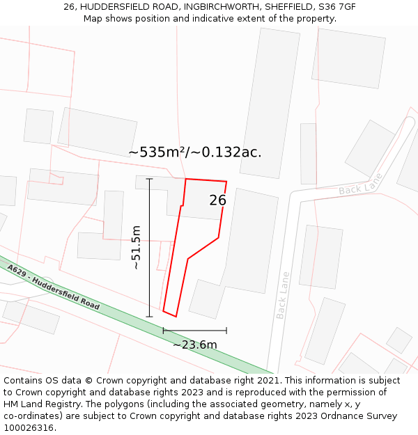 26, HUDDERSFIELD ROAD, INGBIRCHWORTH, SHEFFIELD, S36 7GF: Plot and title map