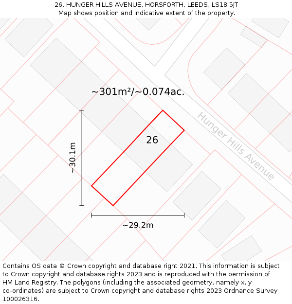 26, HUNGER HILLS AVENUE, HORSFORTH, LEEDS, LS18 5JT: Plot and title map